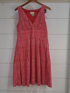 Neiman Marcus Red and White V-Neck Grid Fit-and-Flare Dress